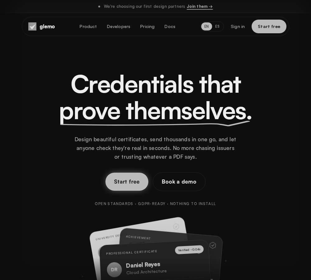 Glemo landing page, in black and white.